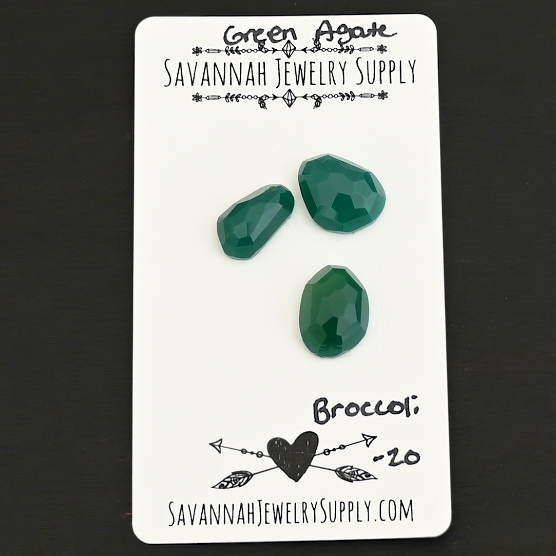 Broccoli Rose Cut Green Agate Cabochon Parcel shown on business card