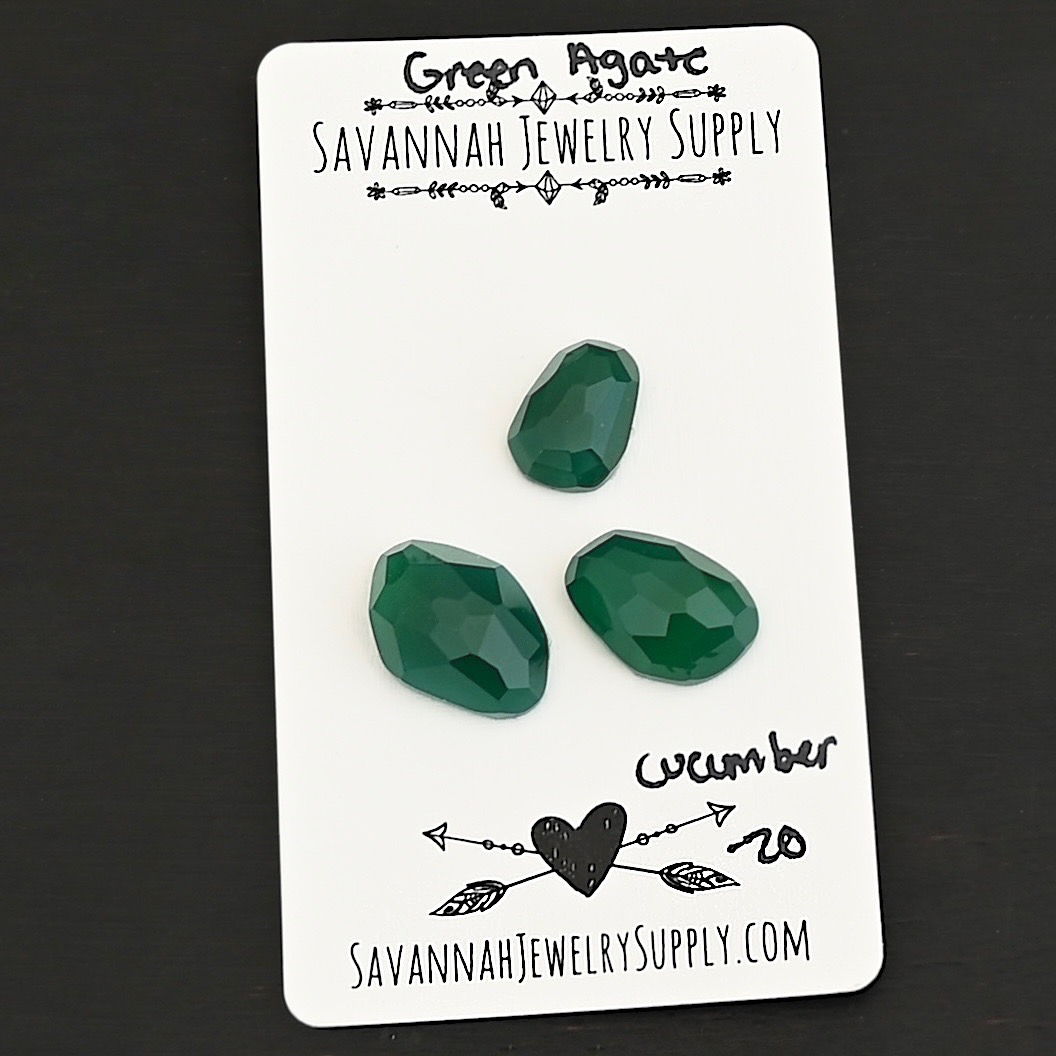 Cucumber Rose Cut Green Agate Cabochon Parcel shown on business card
