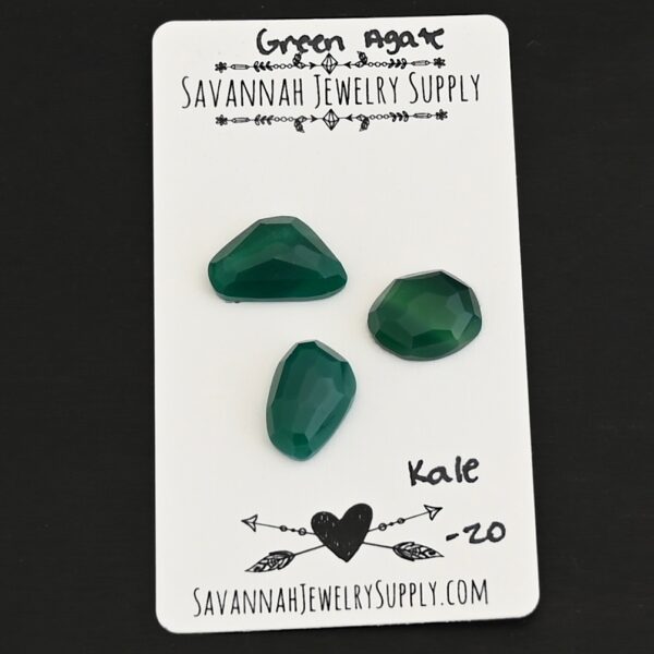Kale Rose Cut Green Agate Cabochon Parcel shown on business card