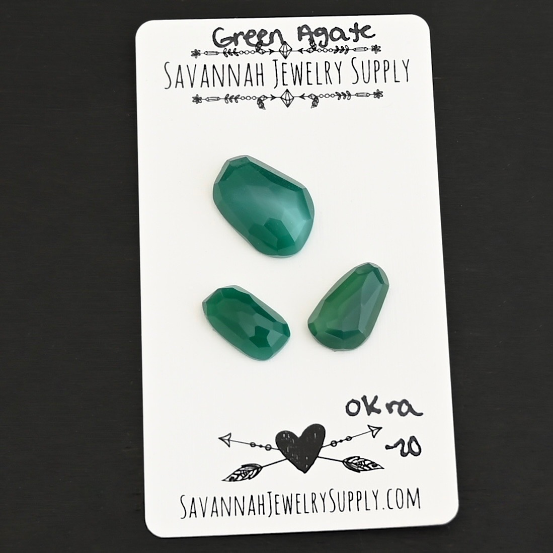 Okra Rose Cut Green Agate Cabochon Parcel shown on business card