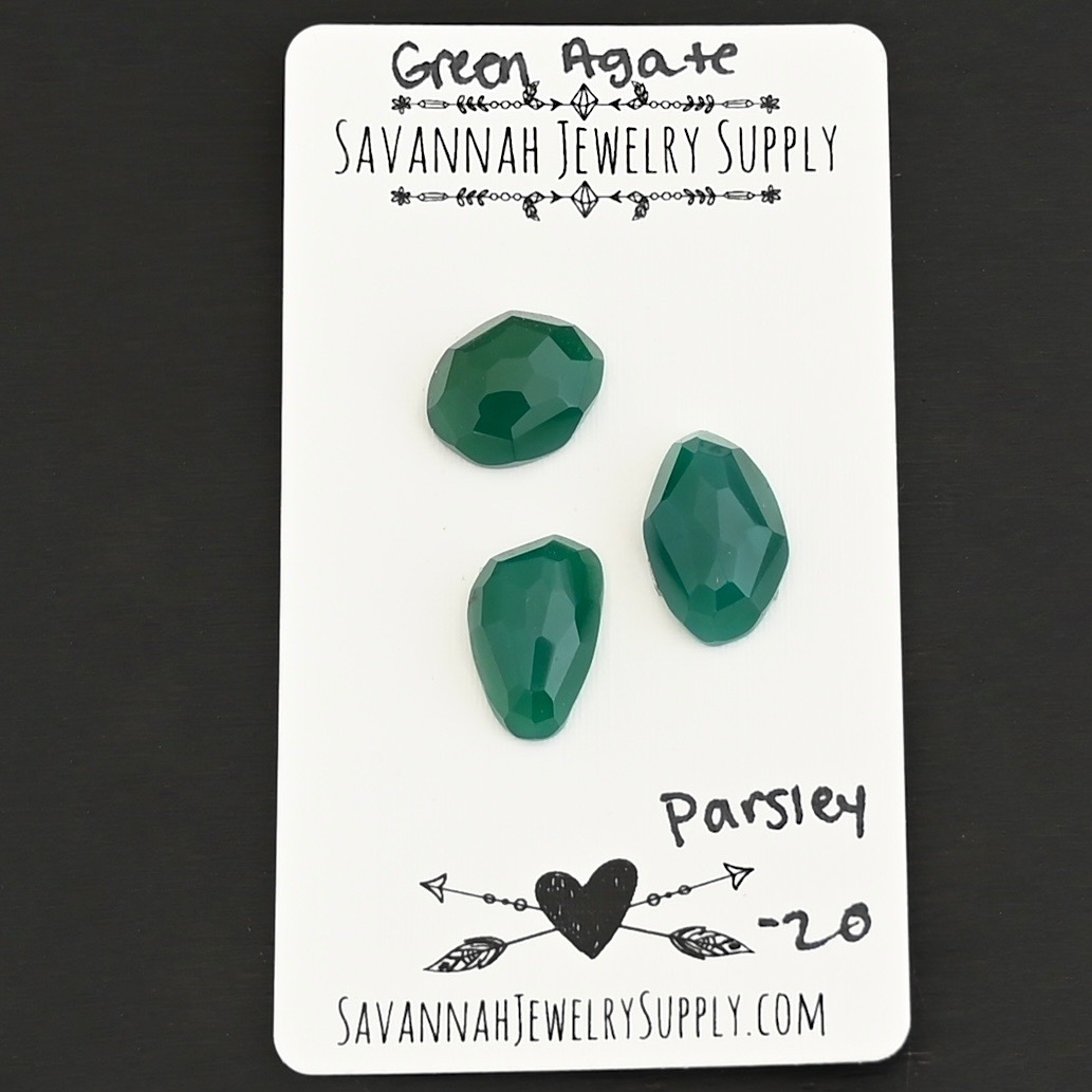 Parsley Rose Cut Green Agate Cabochon Parcel shown on business card