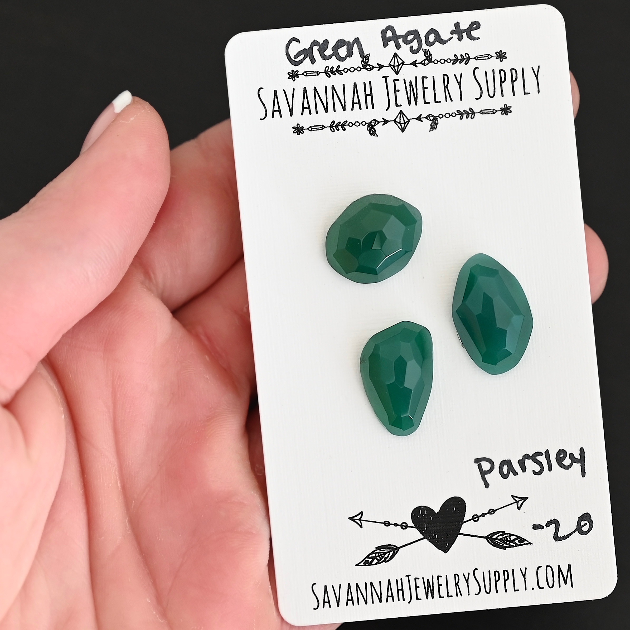 Parsley Rose Cut Green Agate Cabochon Parcel shown in hand