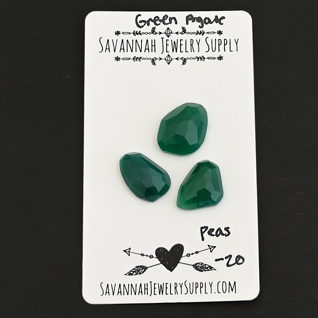 Peas Rose Cut Green Agate Cabochon Parcel shown on business card