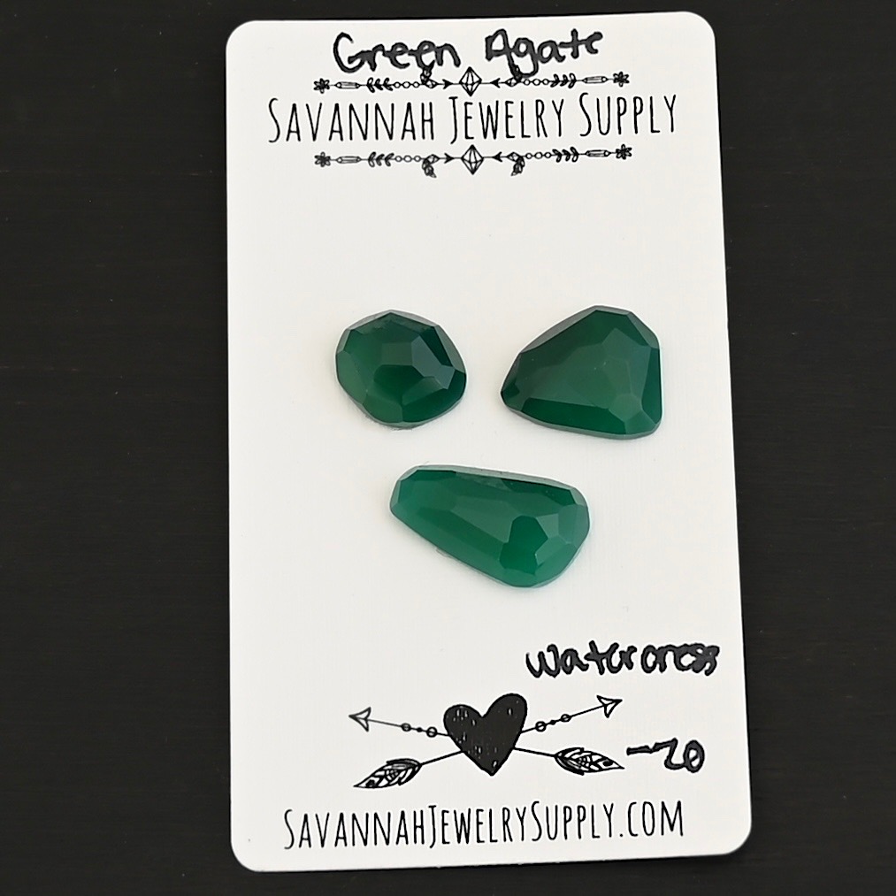 Watercress Rose Cut Green Agate Cabochon Parcel shown on business card