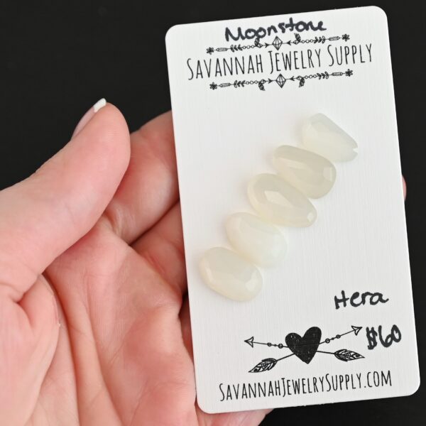 Hera Rose Cut Moonstone Cabochon Parcel shown in hand