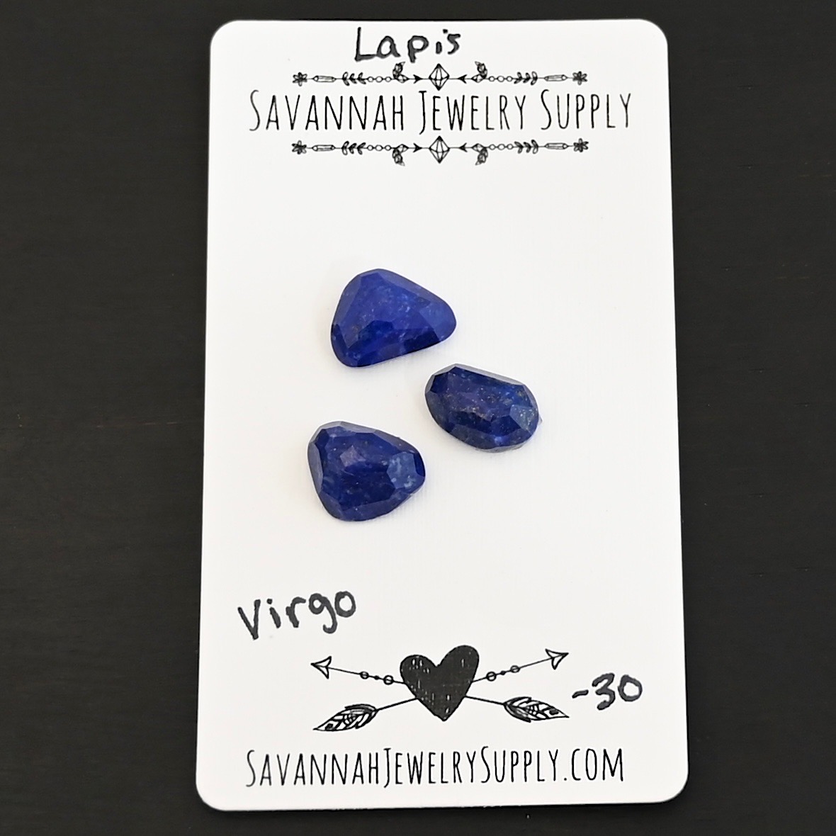 Virgo Rose Cut Lapis Cabochon Parcel shown on business card