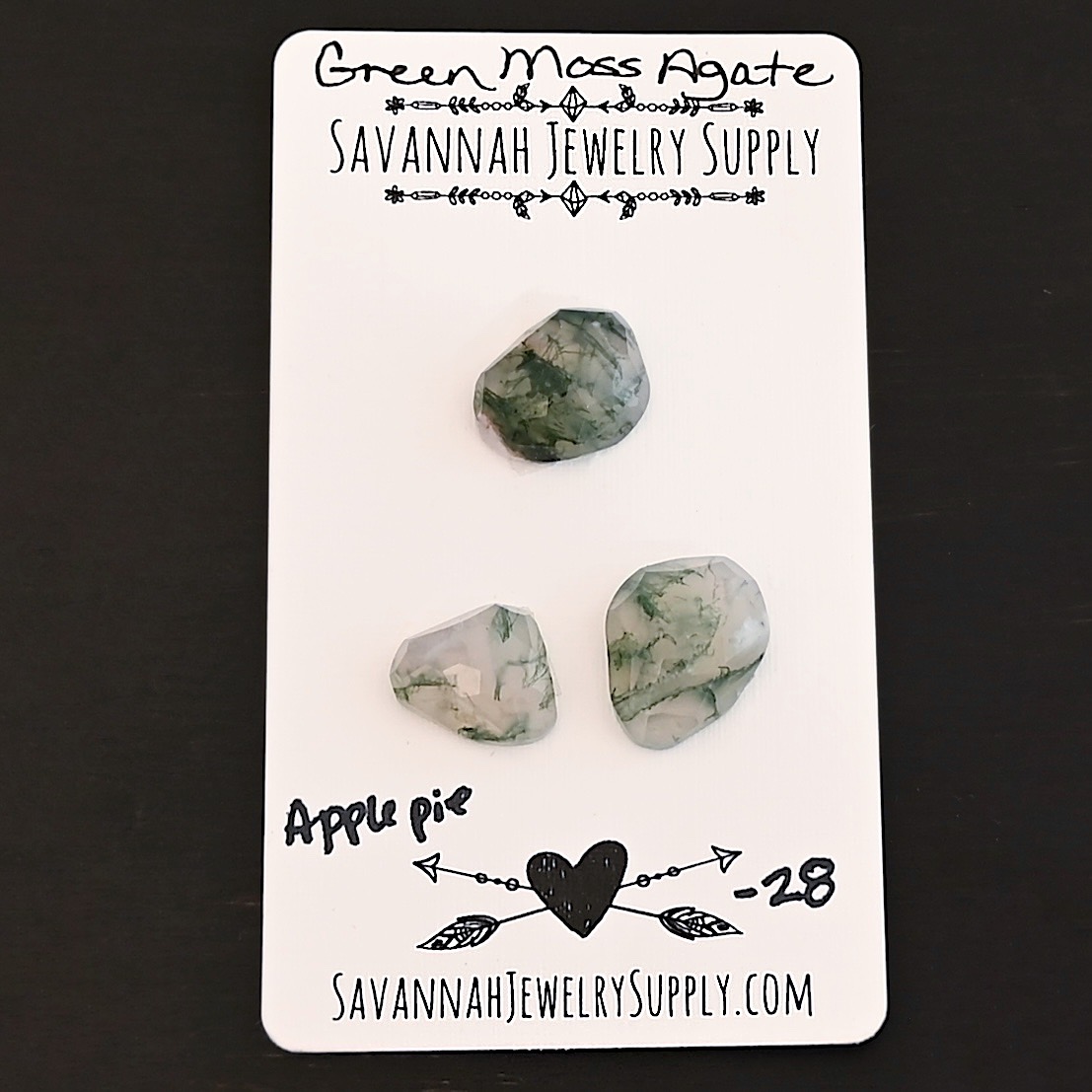 Apple Pie Rose Cut Green Moss Agate Cabochon Parcel shown on business card