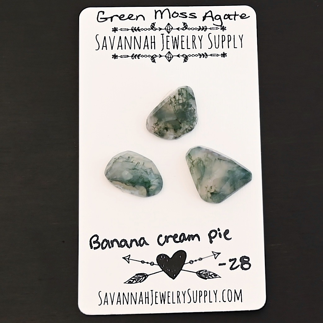 Banana Cream Pie Rose Cut Green Moss Agate Cabochon Parcel shown on business card