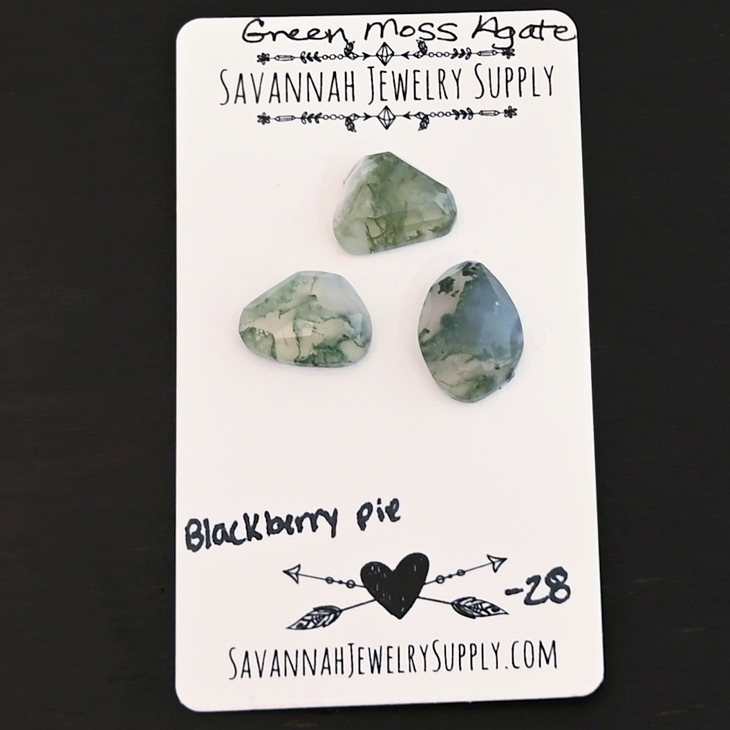 Blackberry Pie Rose Cut Green Moss Agate Cabochon Parcel shown on business card