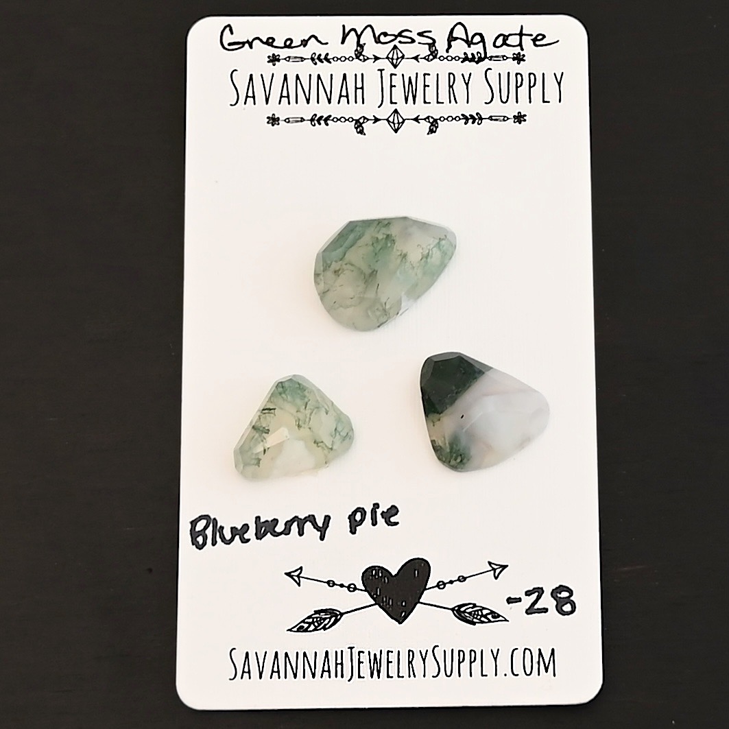 Blueberry Pie Rose Cut Green Moss Agate Cabochon Parcel shown on business card