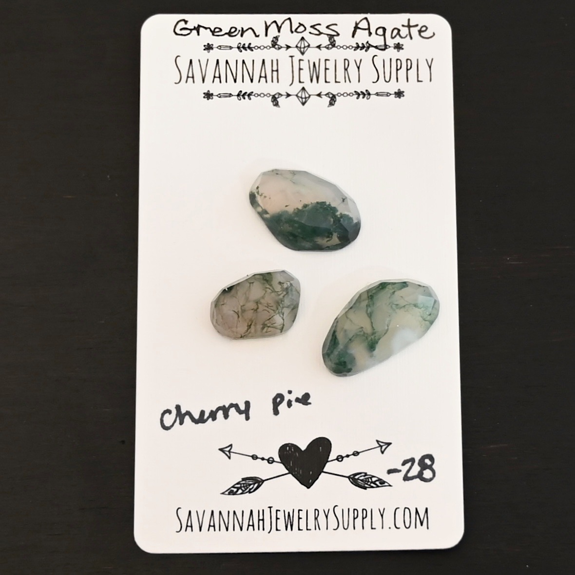 Cherry Pie Rose Cut Green Moss Agate Cabochon Parcel shown on business card