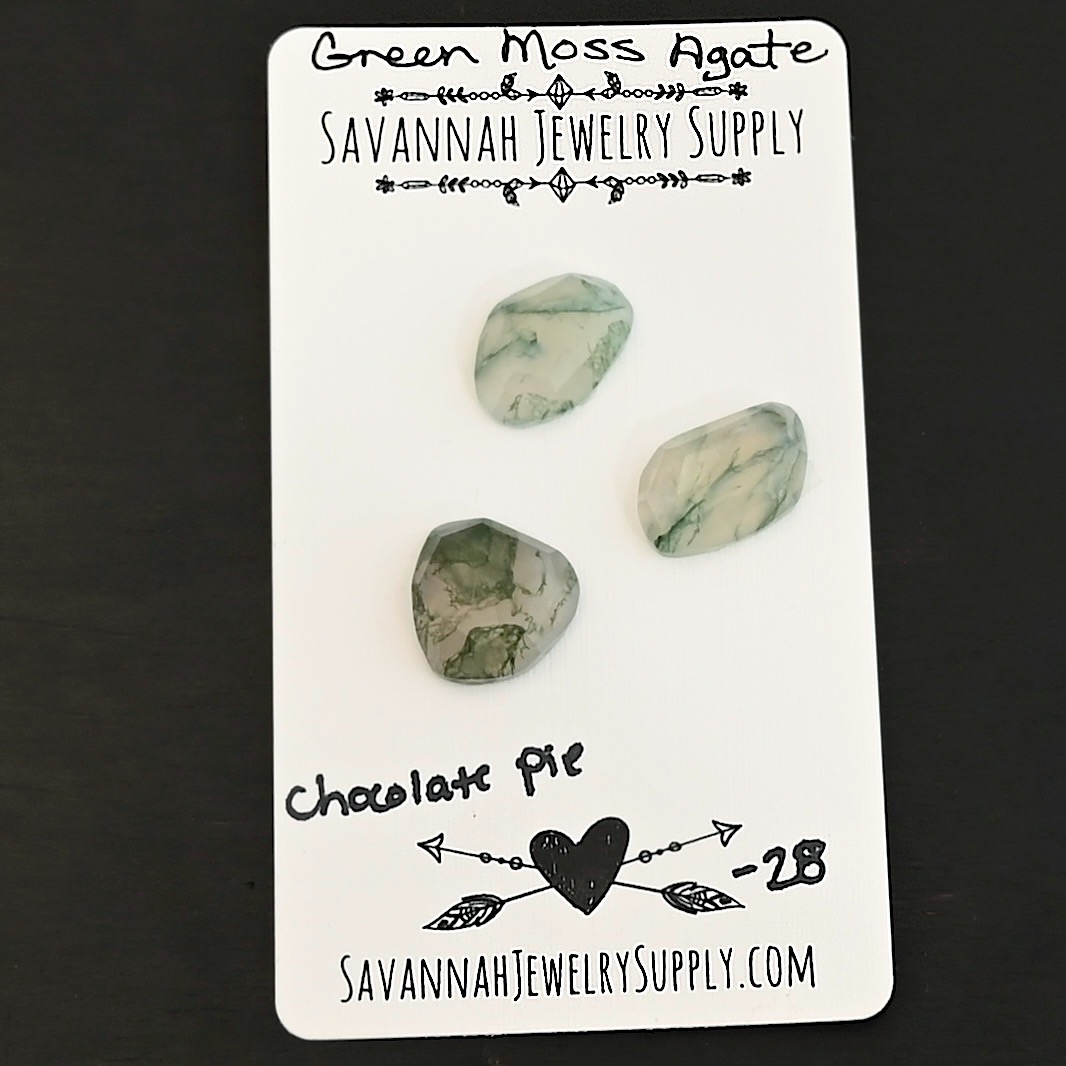Chocolate Pie Rose Cut Green Moss Agate Cabochon Parcel shown on business card