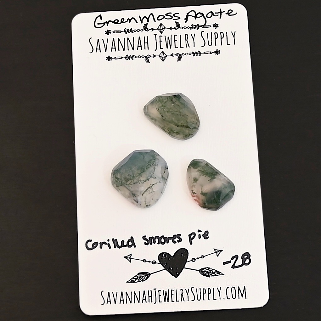 Grilled Smores Pie Rose Cut Green Moss Agate Cabochon Parcel shown on business card