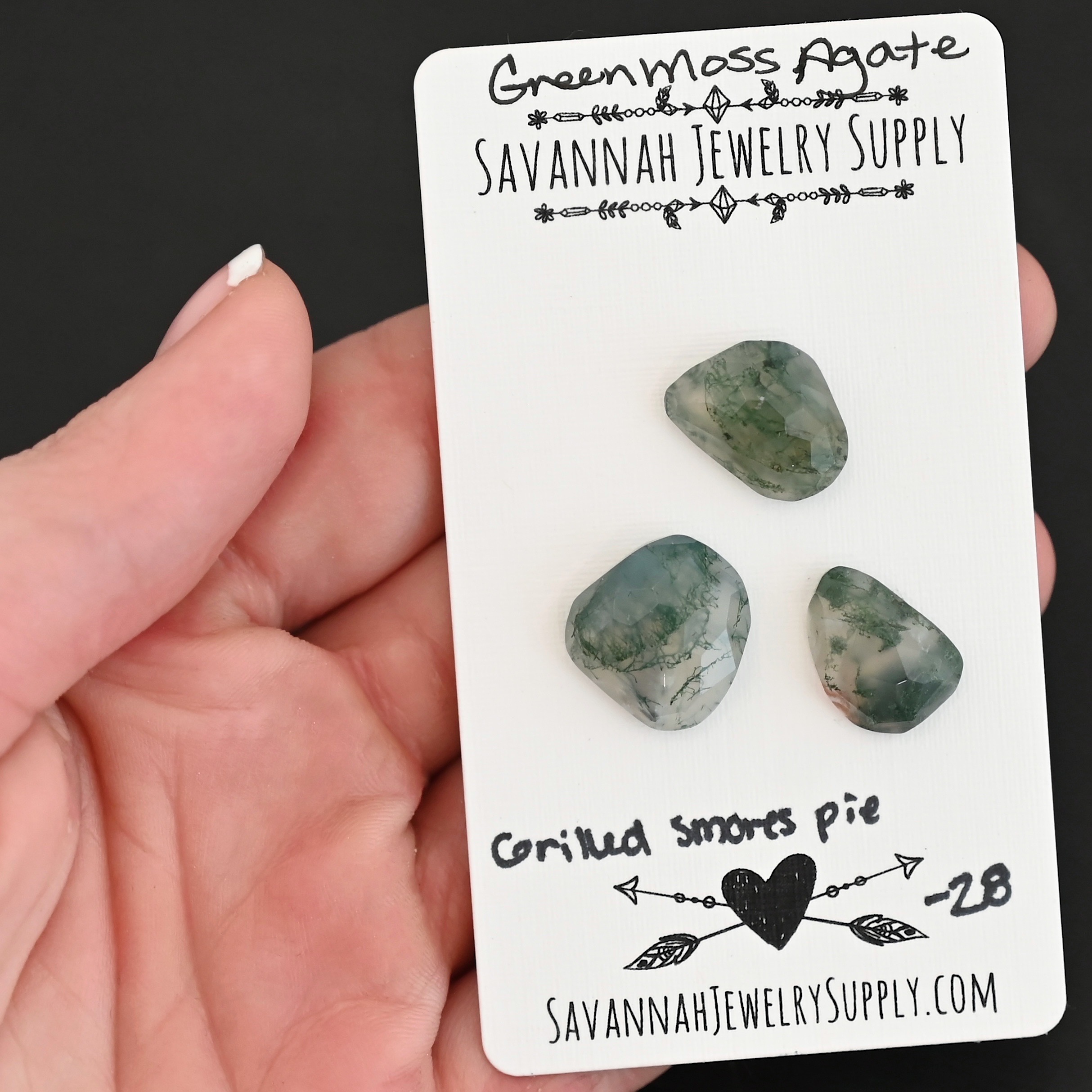 Grilled Smores Pie Rose Cut Green Moss Agate Cabochon Parcel shown in hand