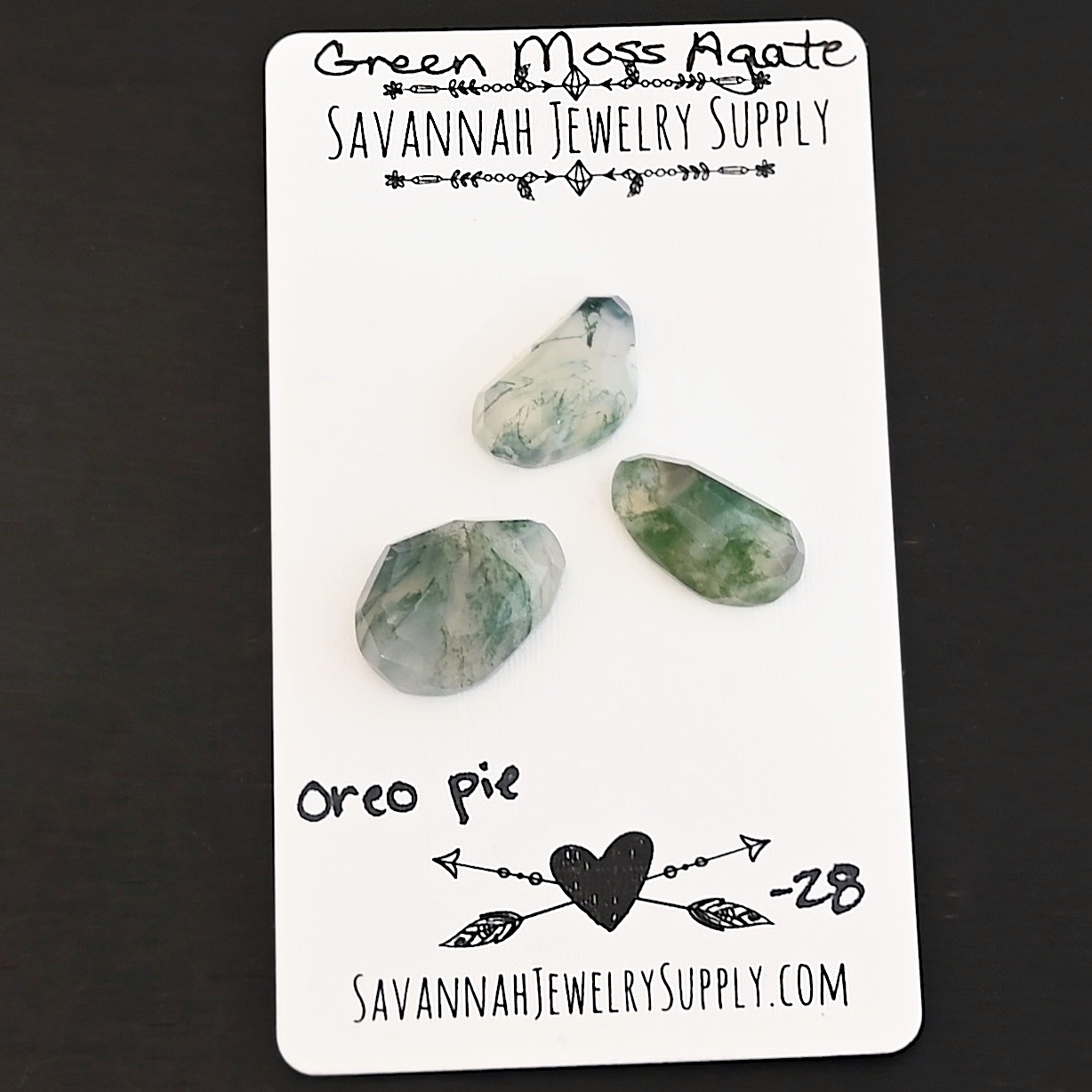 Oreo Pie Rose Cut Green Moss Agate Cabochon Parcel shown on business card