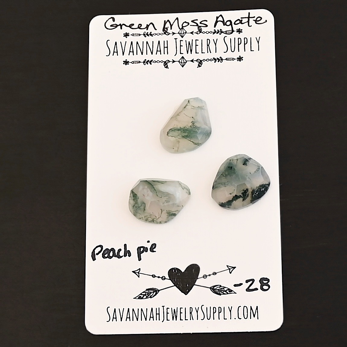 Peach Pie Rose Cut Green Moss Agate Cabochon Parcel shown on business card