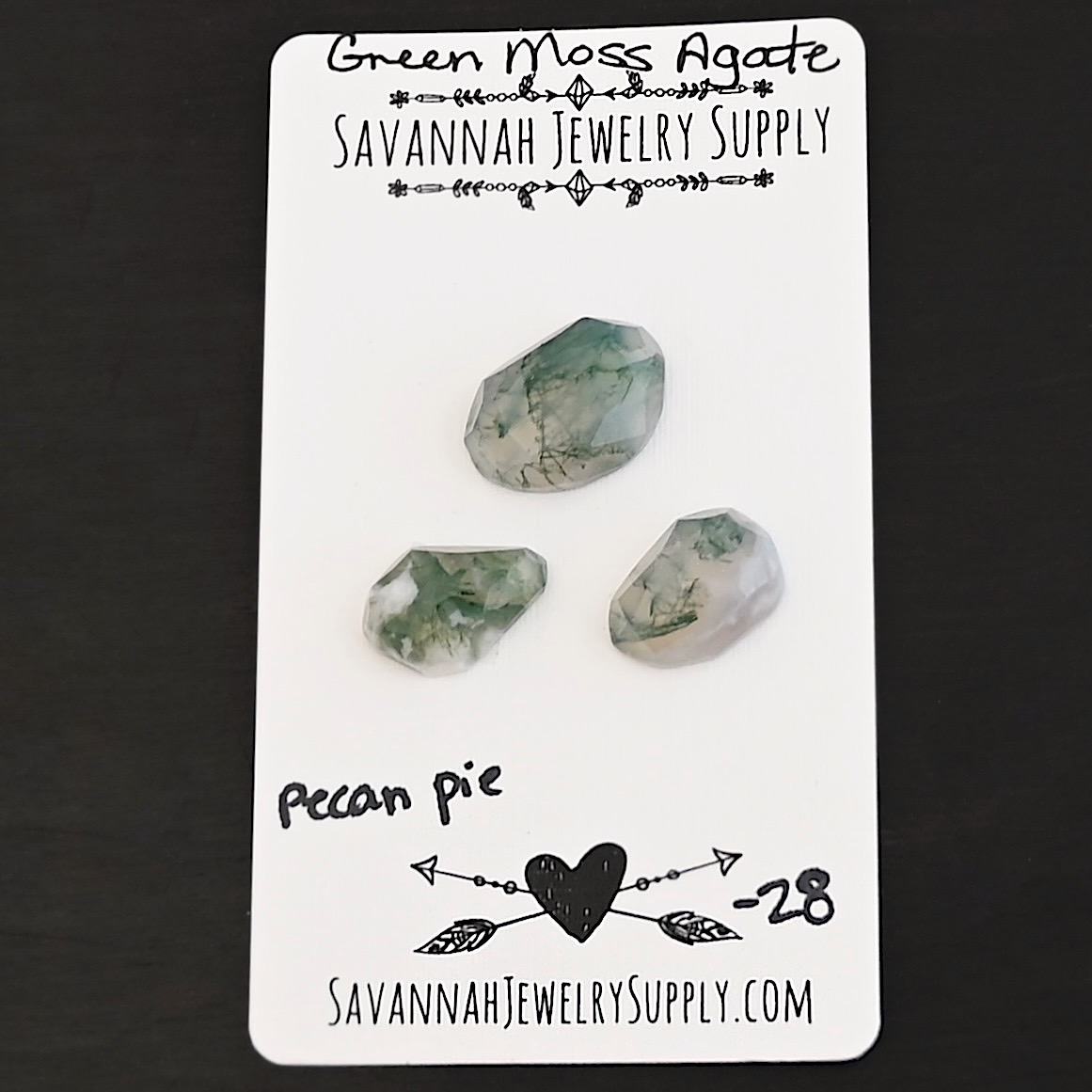 Pecan Pie Rose Cut Green Moss Agate Cabochon Parcel shown on business card