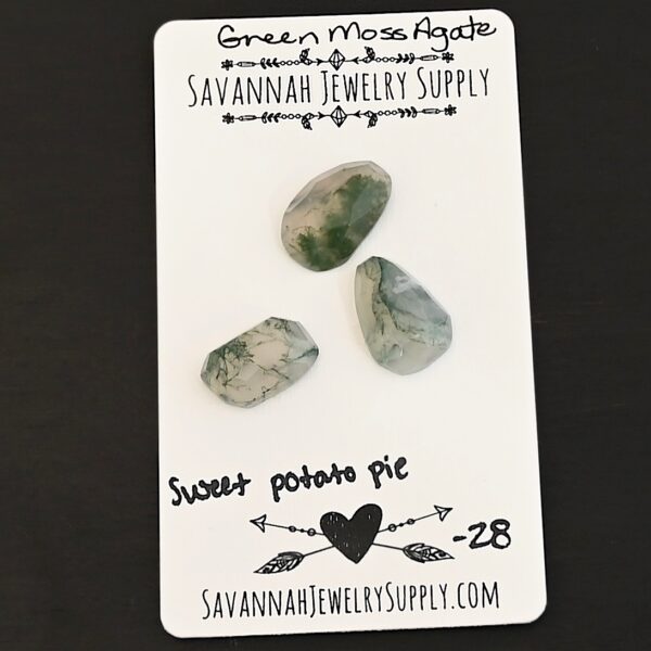 Sweet Potato Pie Rose Cut Green Moss Agate Cabochon Parcel shown on business card