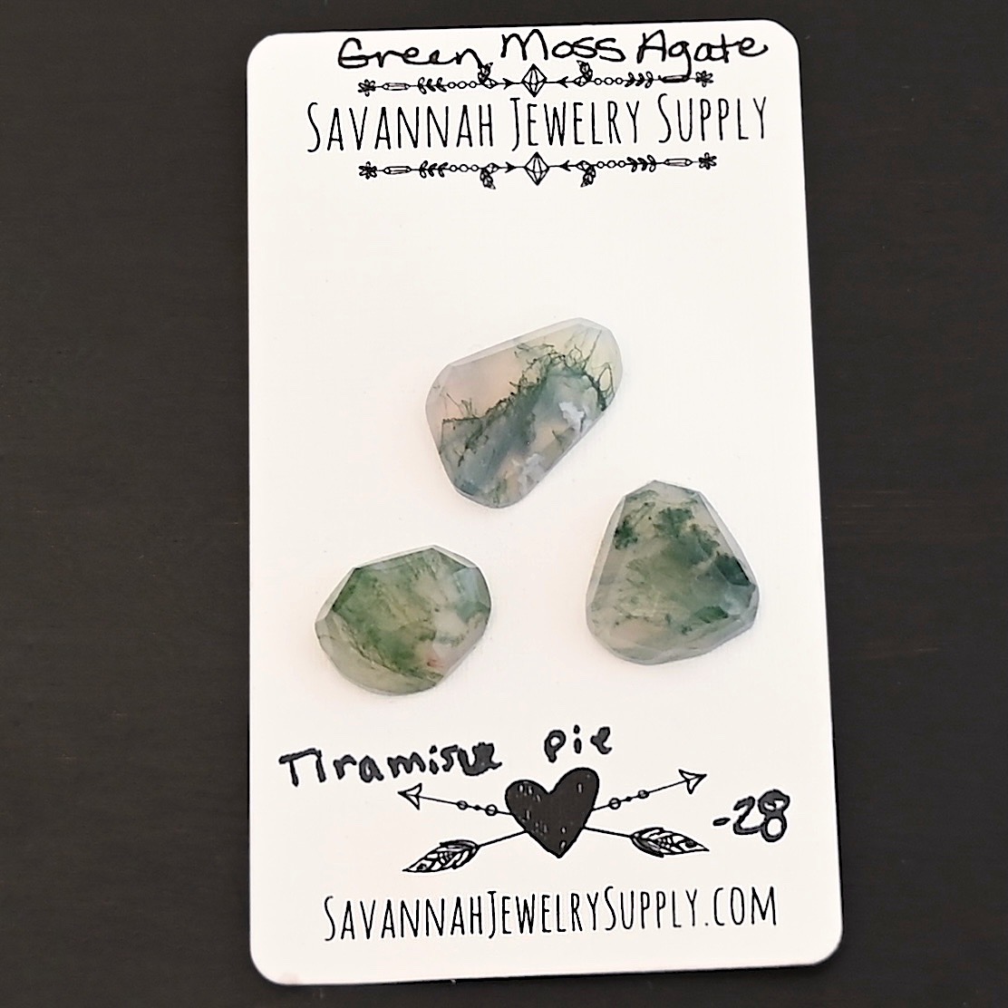 Tiramisu Pie Rose Cut Green Moss Agate Cabochon Parcel shown on business card