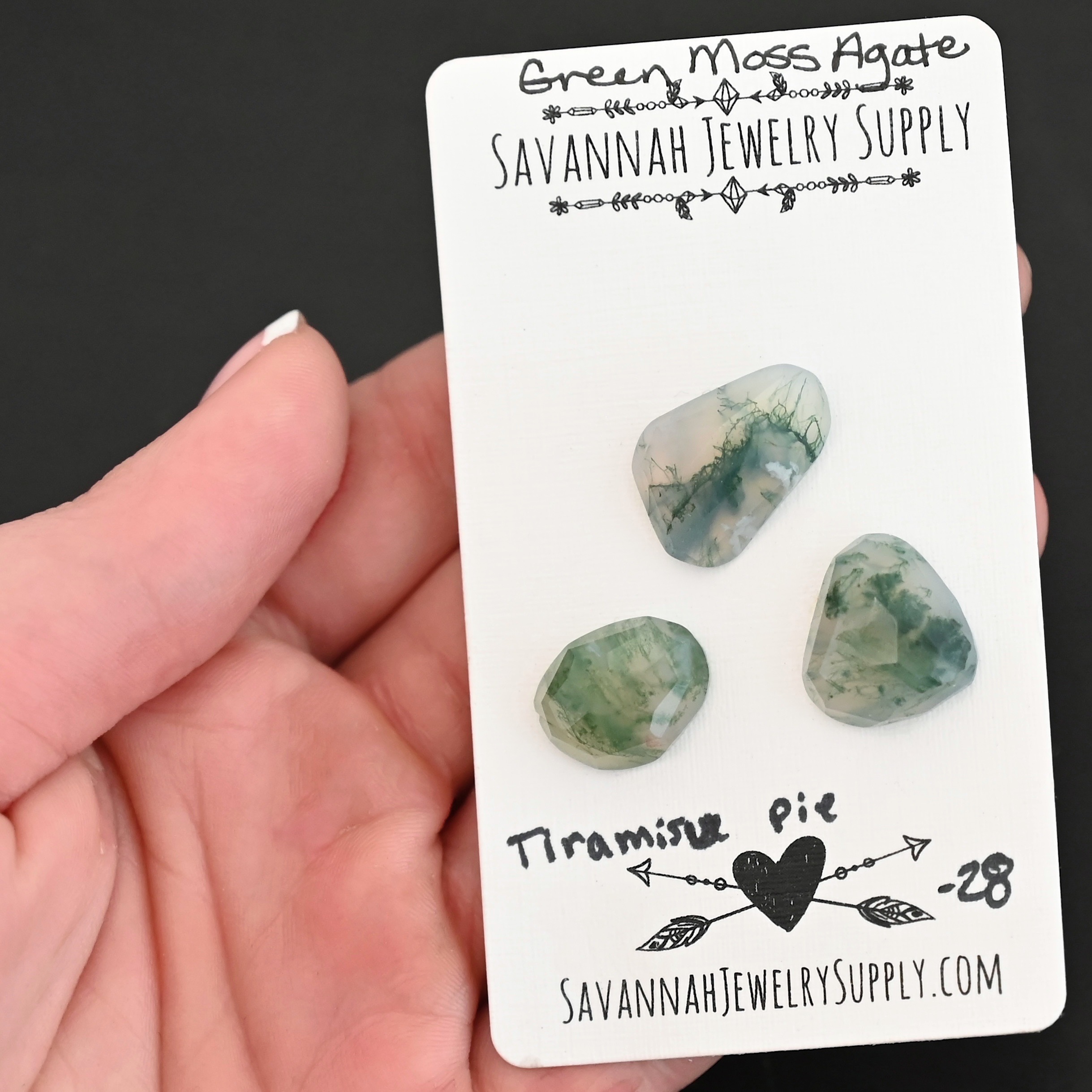 Tiramisu Pie Rose Cut Green Moss Agate Cabochon Parcel shown in hand