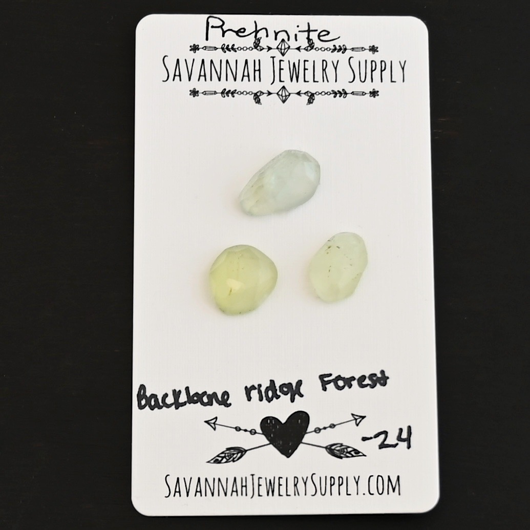 Backbone Forest Rose Cut Prehnite Cabochon Parcel shown on business card