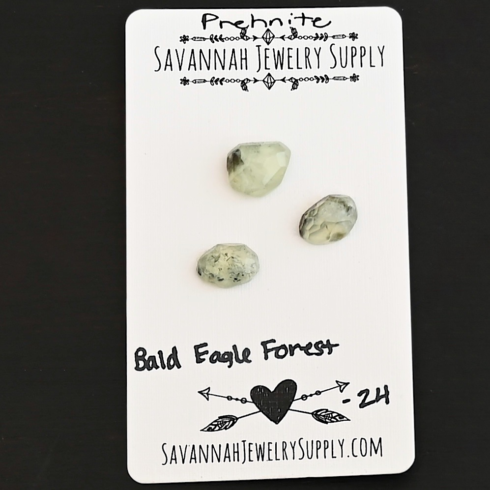 Bald Eagle Forest Rose Cut Prehnite Cabochon Parcel shown on business card
