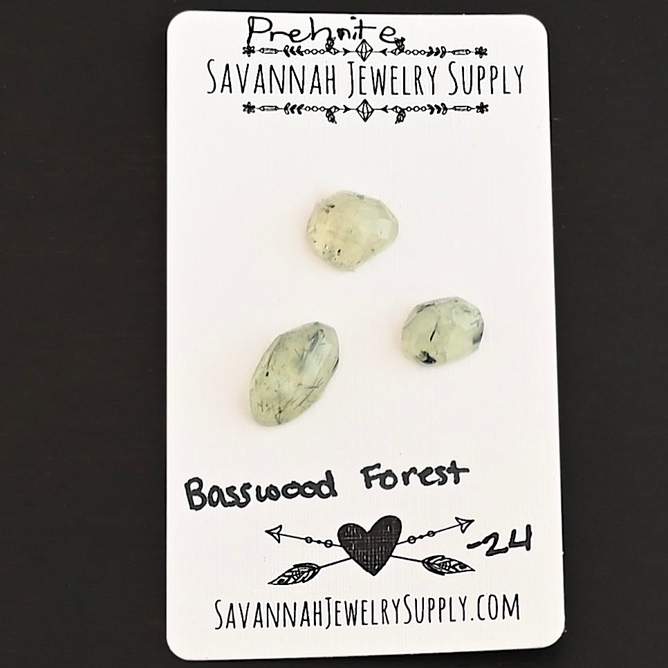 Basswood Forest Rose Cut Prehnite Cabochon Parcel shown on business card
