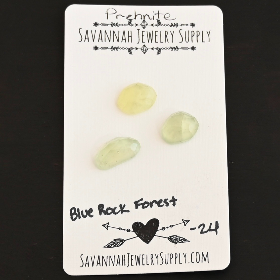 Blue Rock Forest Rose Cut Prehnite Cabochon Parcel shown on business card