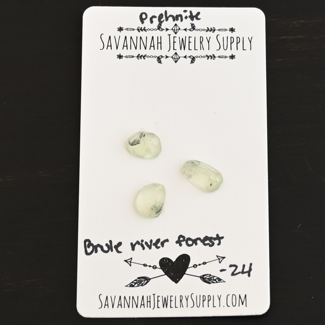Brule River State Forest Rose Cut Prehnite Cabochon Parcel shown on business card
