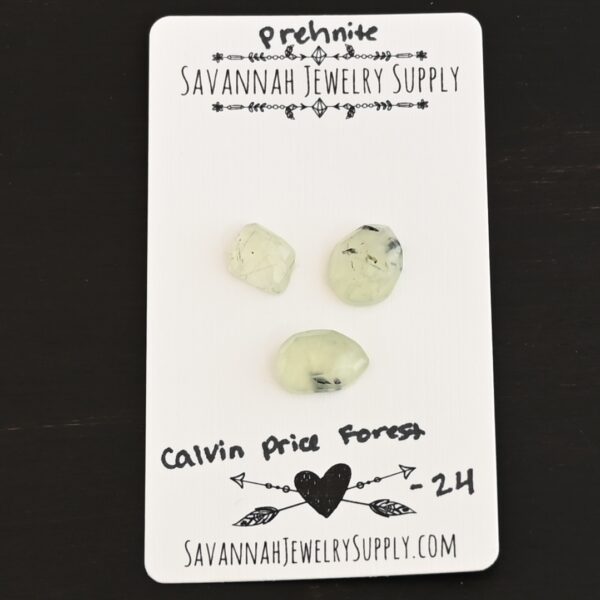 Calvin Price Forest Rose Cut Prehnite Cabochon Parcel shown on business card