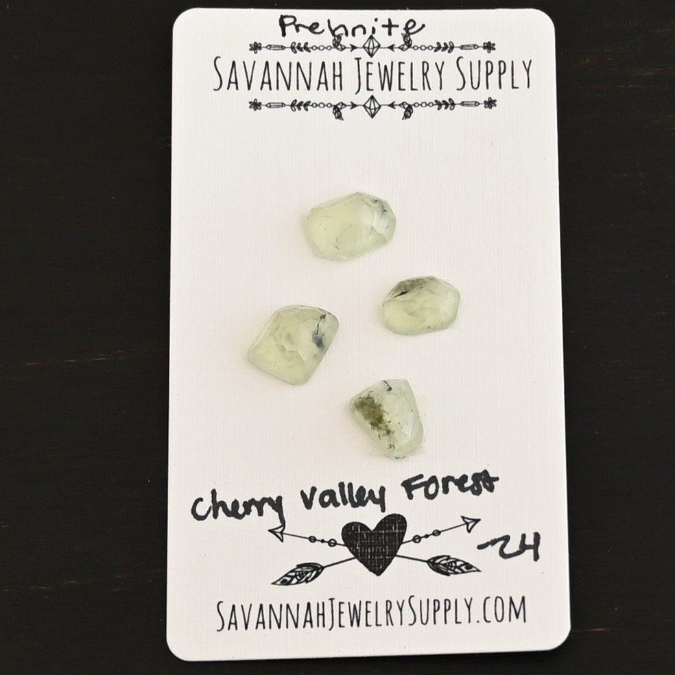 Cherry Valley Forest Rose Cut Prehnite Cabochon Parcel shown on business card
