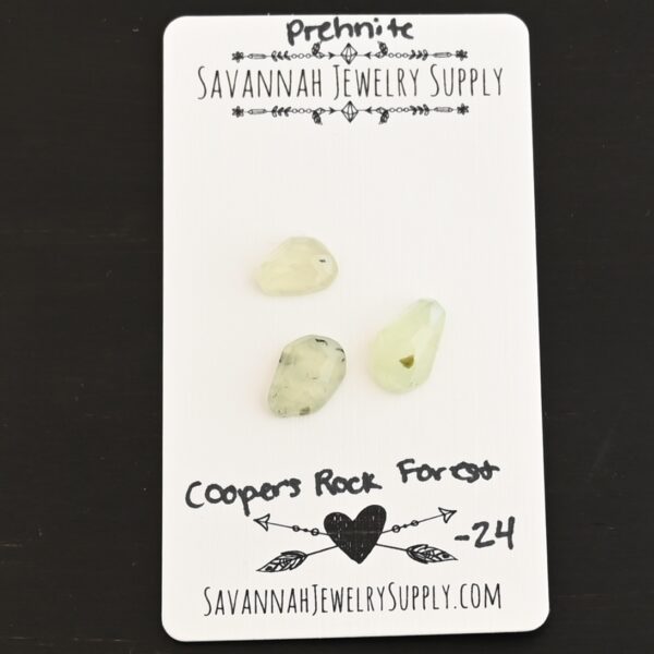 Coopers Rock Forest Rose Cut Prehnite Cabochon Parcel shown on business card