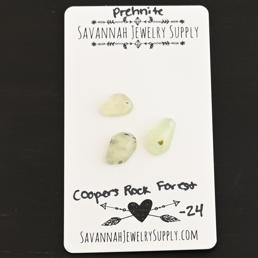 Coopers Rock Forest Rose Cut Prehnite Cabochon Parcel shown on business card