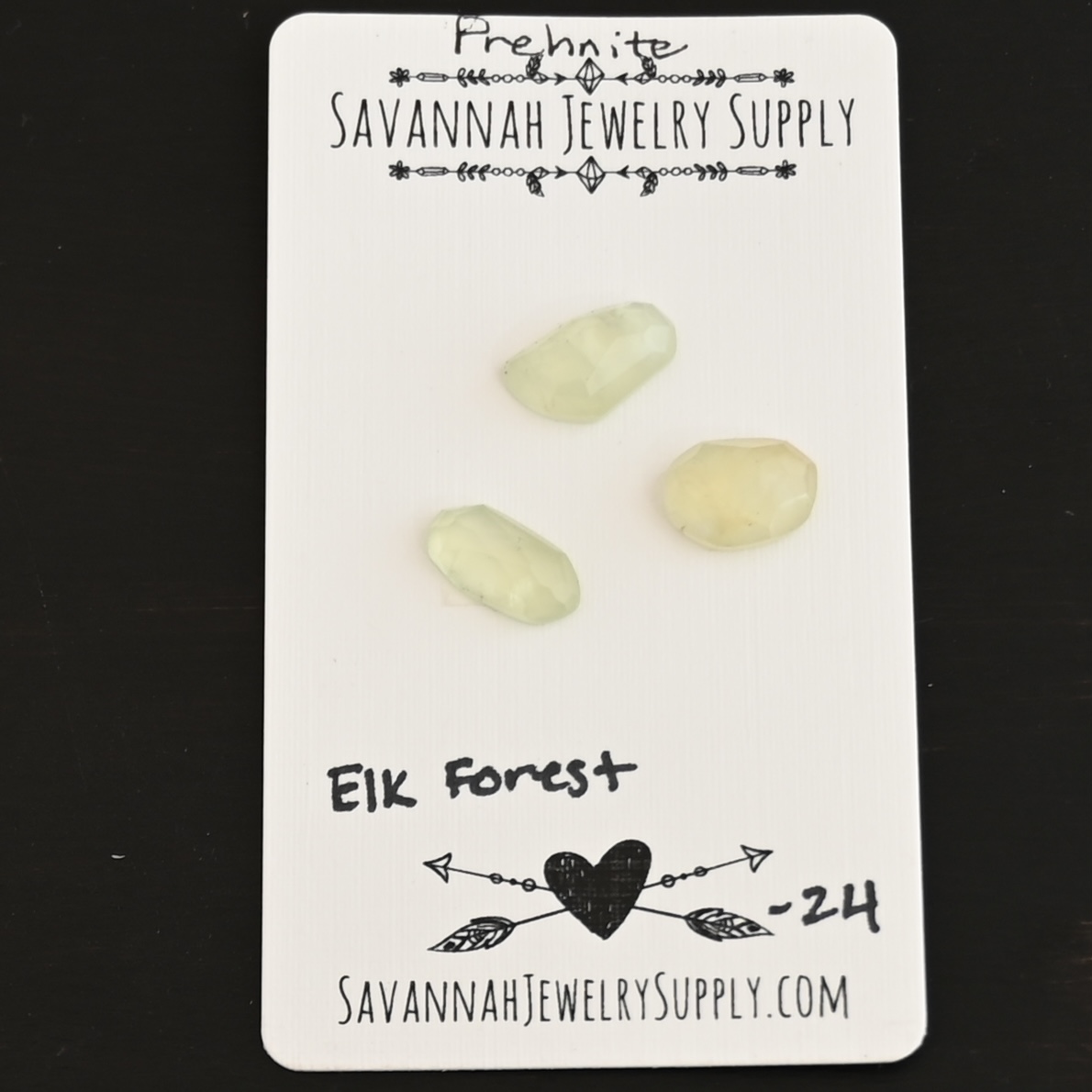 Elk Forest Rose Cut Prehnite Cabochon Parcel shown on business card