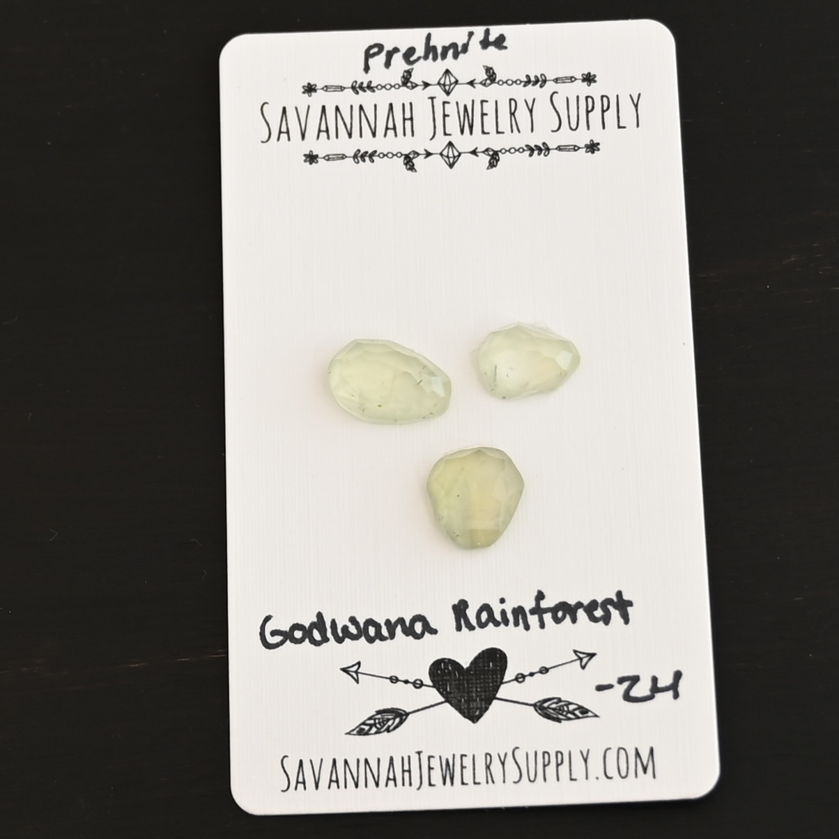 Gondwana RainForest Rose Cut Prehnite Cabochon Parcel shown on business card