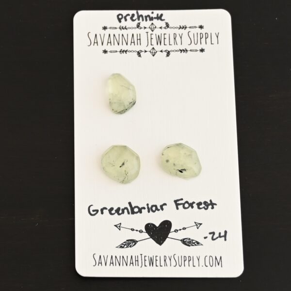 Greenbriar Forest Rose Cut Prehnite Cabochon Parcel shown on business card