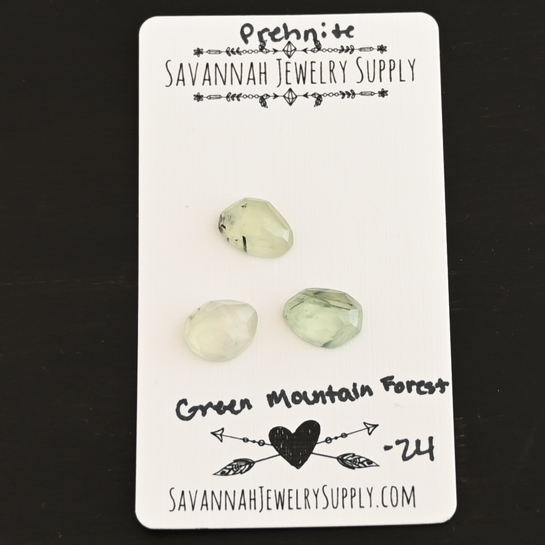Green Mountain Forest Rose Cut Prehnite Cabochon Parcel shown on business card