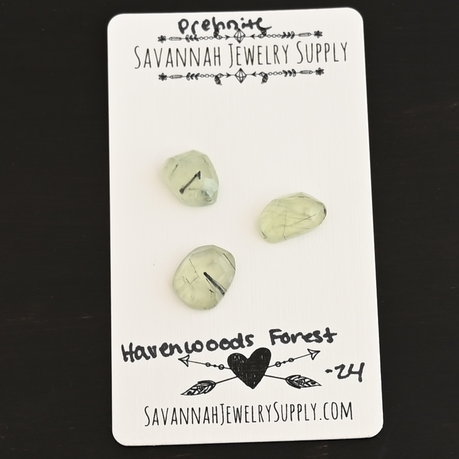 Havenwoods Forest Rose Cut Prehnite Cabochon Parcel shown on business card