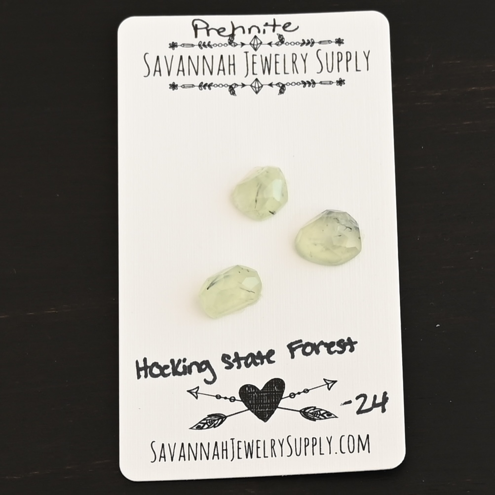 Hocking State Forest Rose Cut Prehnite Cabochon Parcel shown on business card