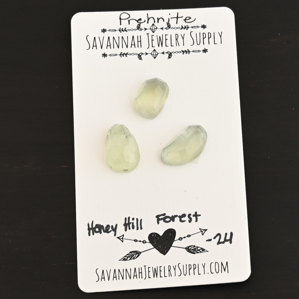 Honey Hill Forest Rose Cut Prehnite Cabochon Parcel shown on business card