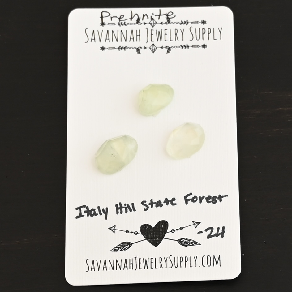 Italy Hill State Forest Rose Cut Prehnite Cabochon Parcel shown on business card
