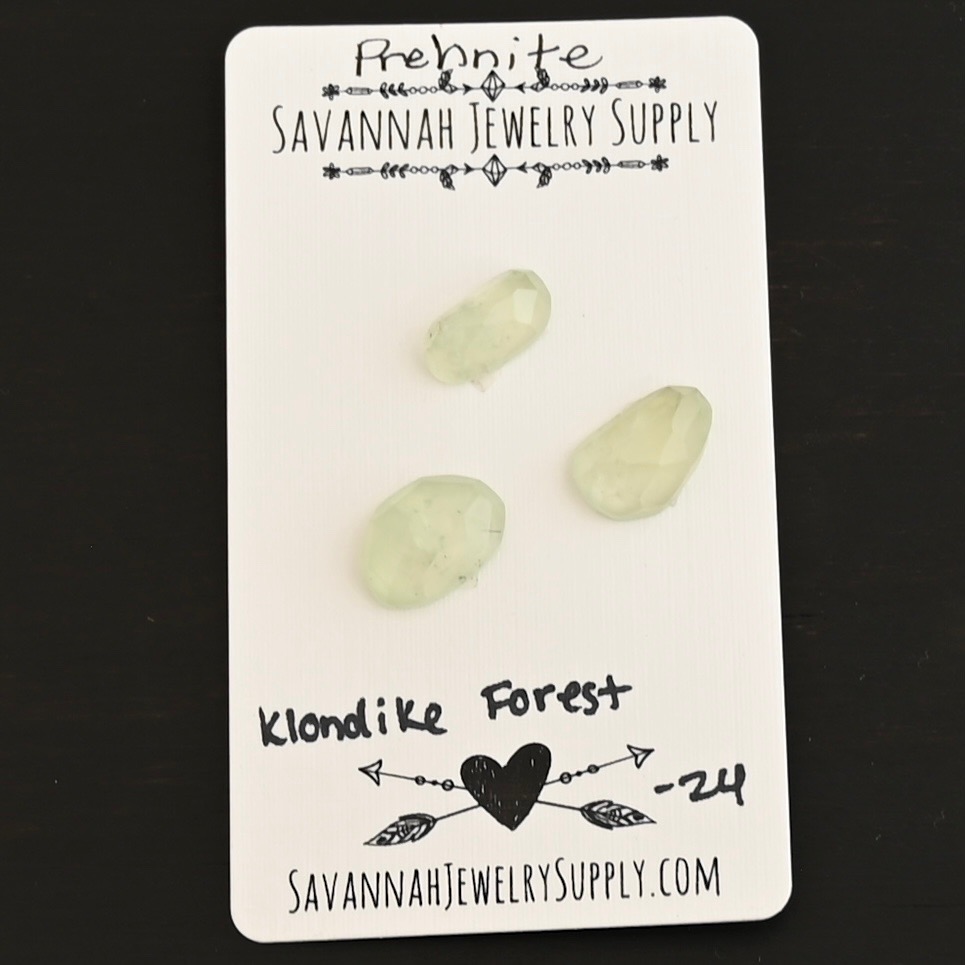 Klondike Forest Rose Cut Prehnite Cabochon Parcel shown on business card