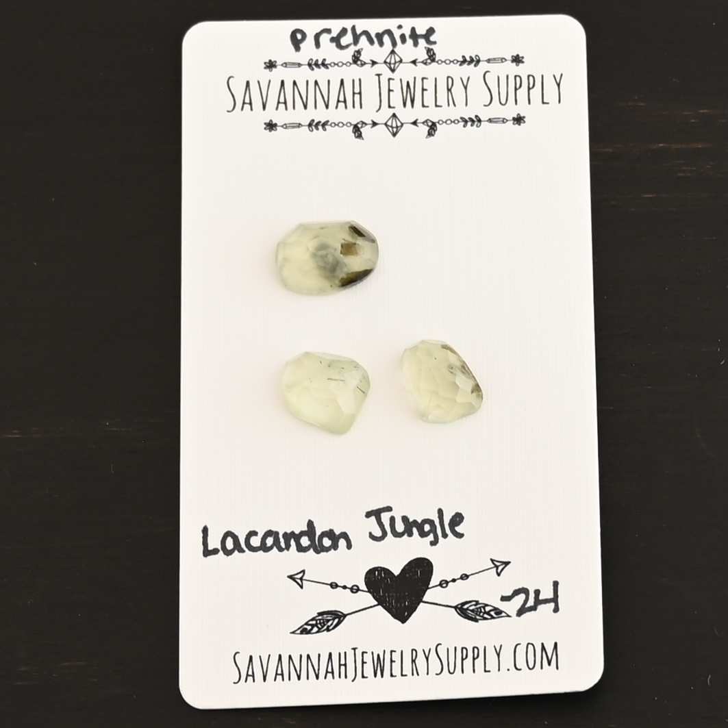 Lacadon Jungle Rose Cut Prehnite Cabochon Parcel shown on business card