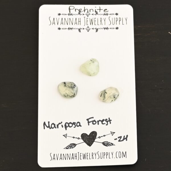 Mariposa Forest Rose Cut Prehnite Cabochon Parcel shown on business card