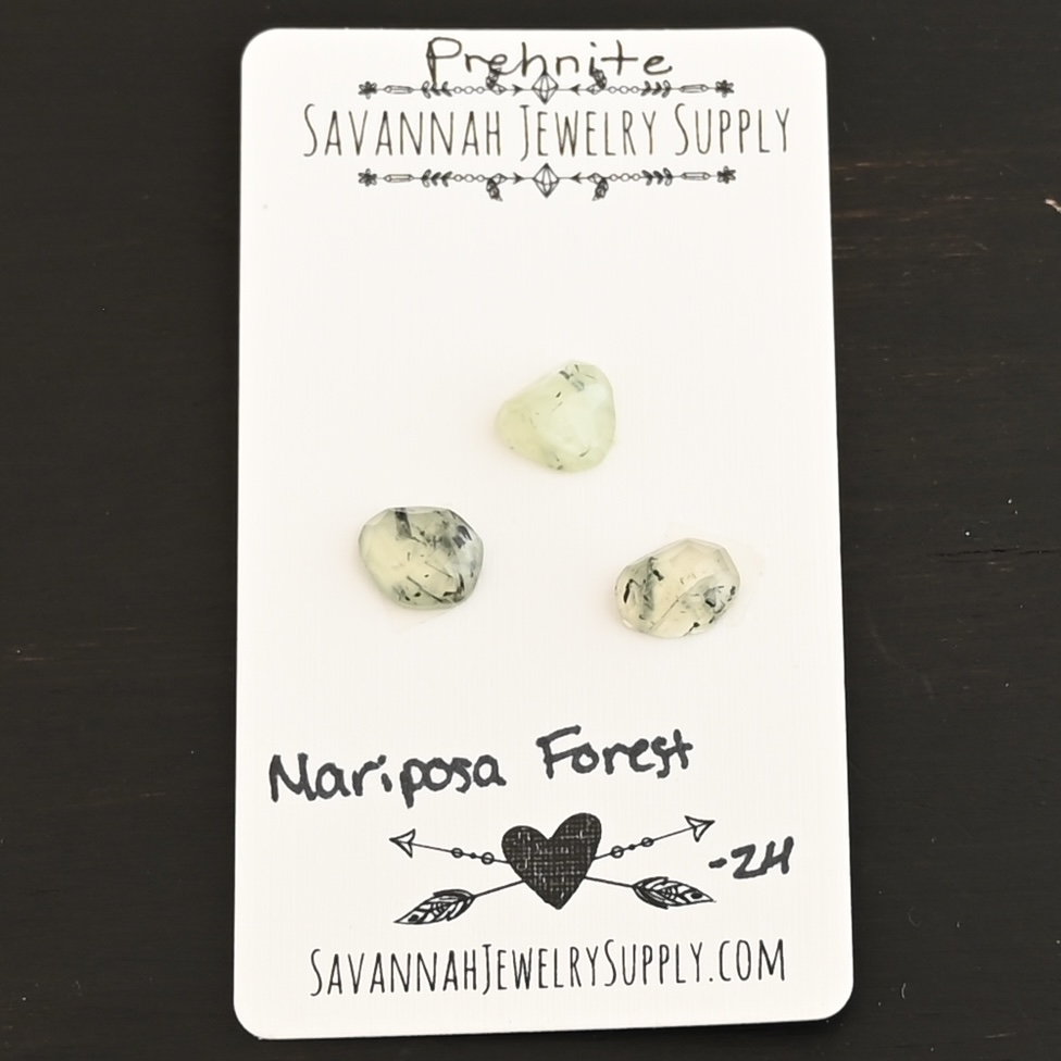 Mariposa Forest Rose Cut Prehnite Cabochon Parcel shown on business card