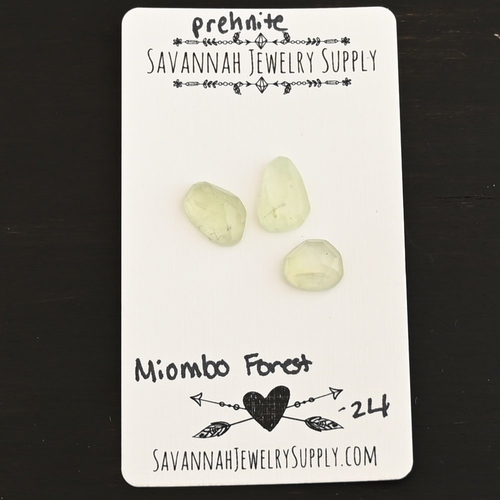 Miombo Forest Rose Cut Prehnite Cabochon Parcel shown on business card
