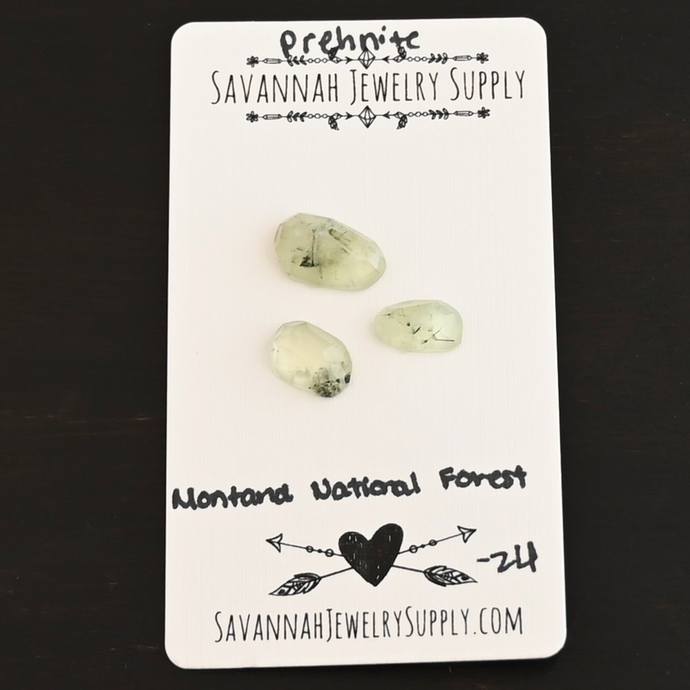 Montana National Forest Rose Cut Prehnite Cabochon Parcel shown on business card