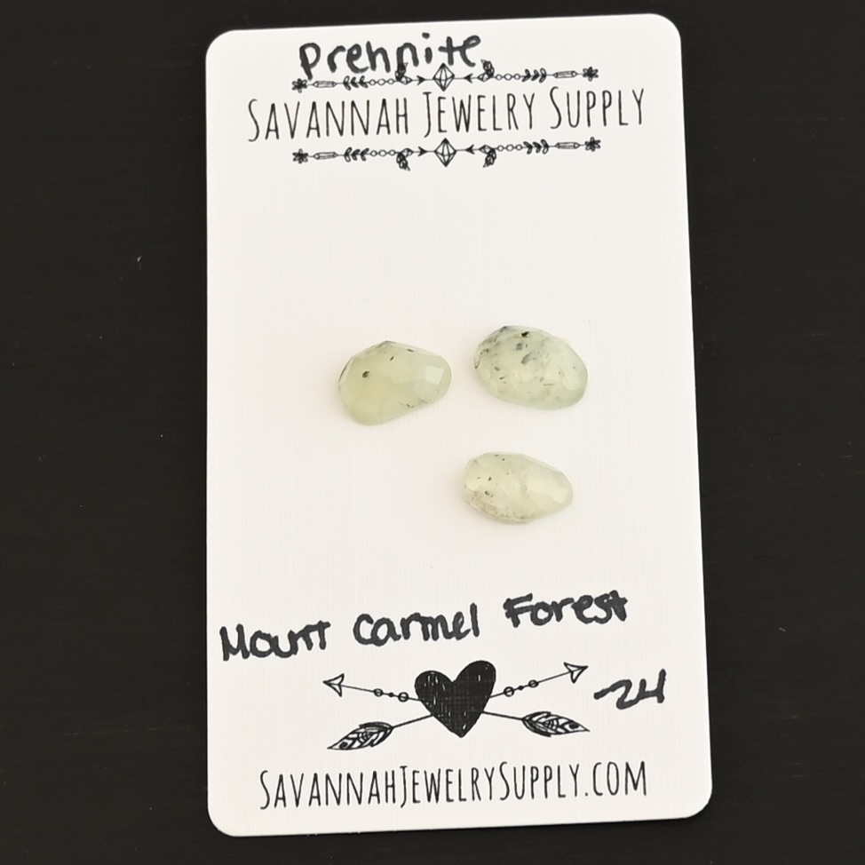 Mount Carmel Forest Rose Cut Prehnite Cabochon Parcel shown on business card