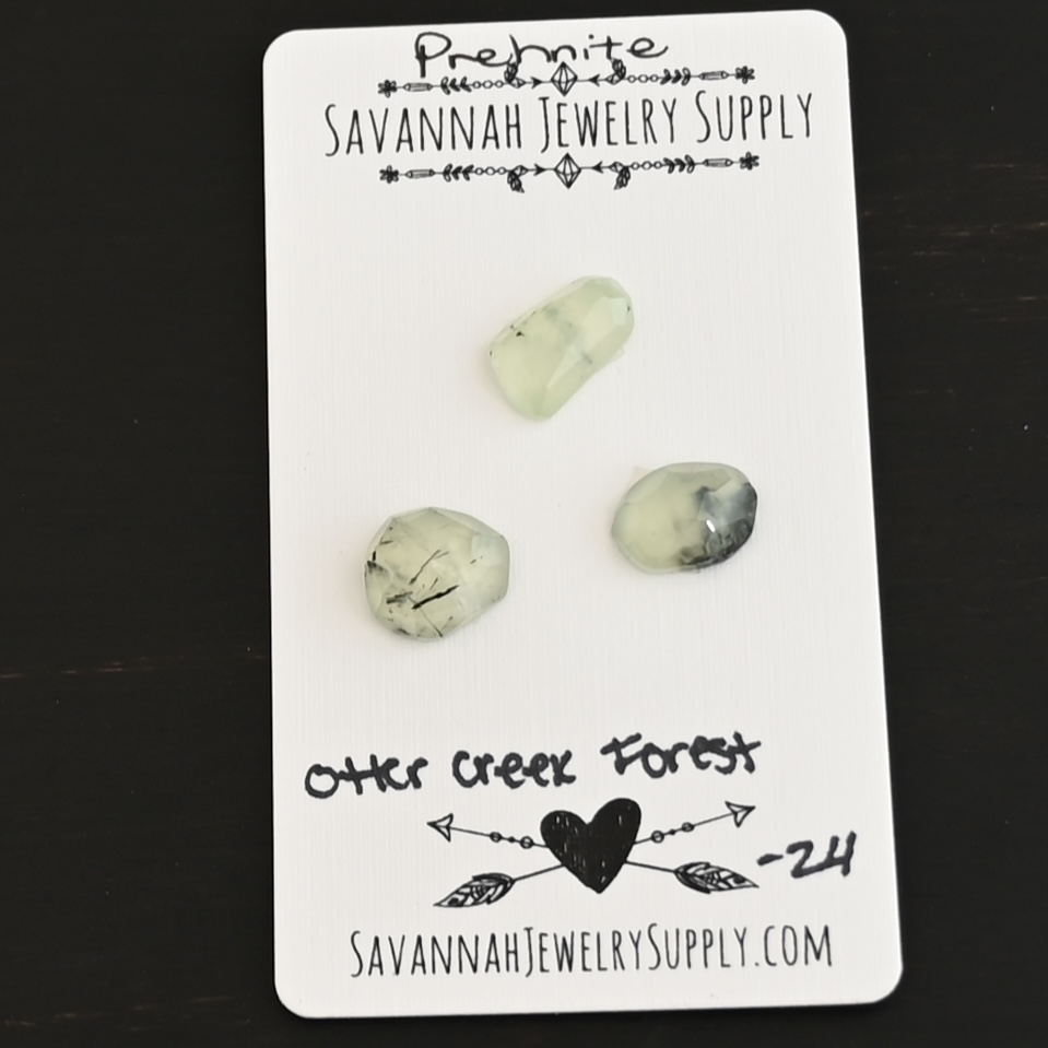Otter Creek Forest Rose Cut Prehnite Cabochon Parcel shown on business card