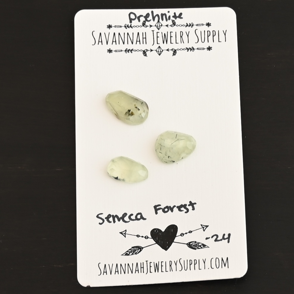 Seneca Forest Rose Cut Prehnite Cabochon Parcel shown on business card